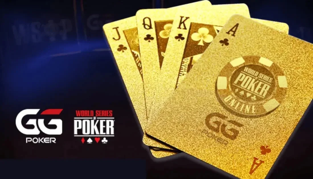 金色同花顺扑克牌 J、Q、K、A 与世界扑克大赛标志